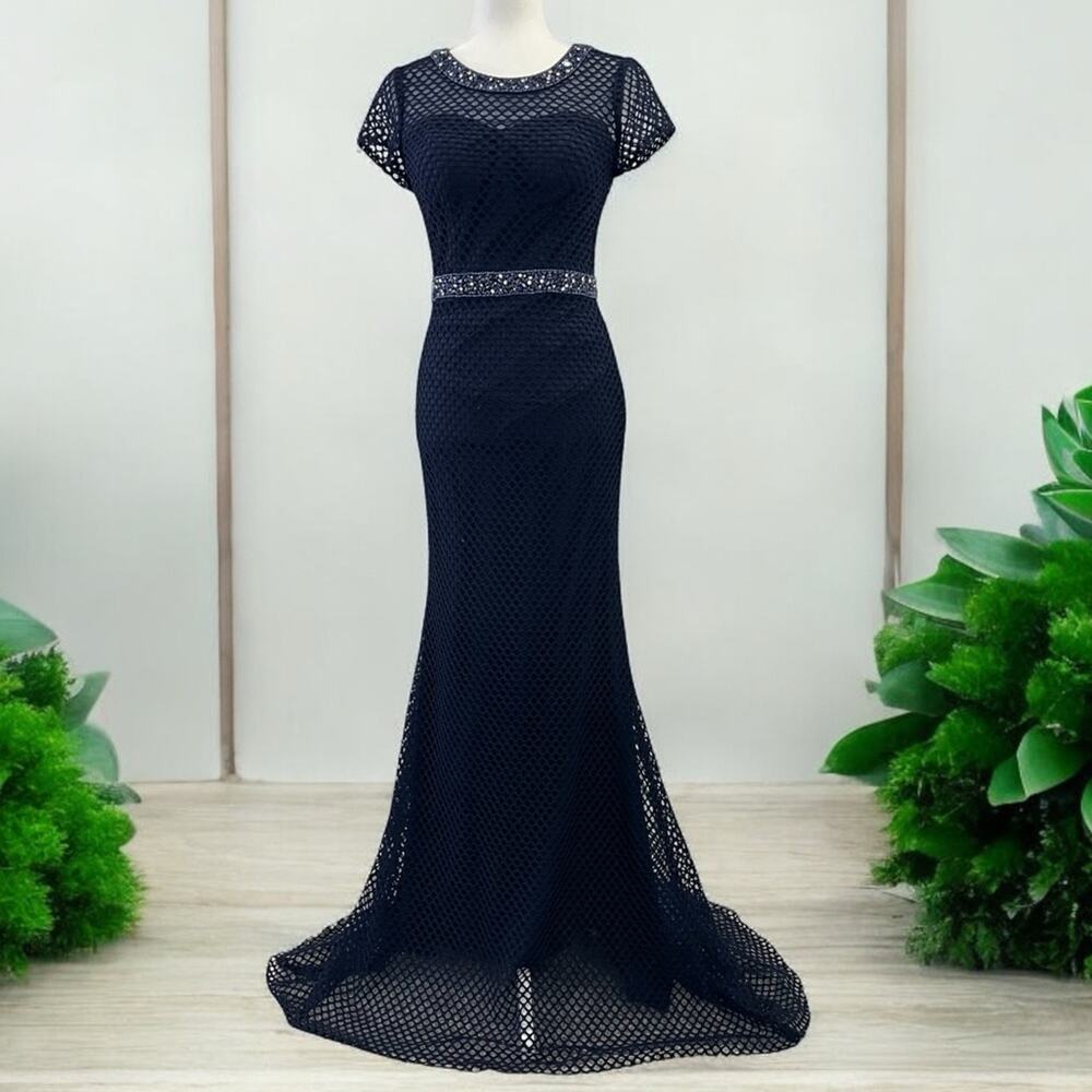 Elizabeth K by GLS Mesh Short Sleeve Navy Gown Dress Small Formal Black Tie Prom